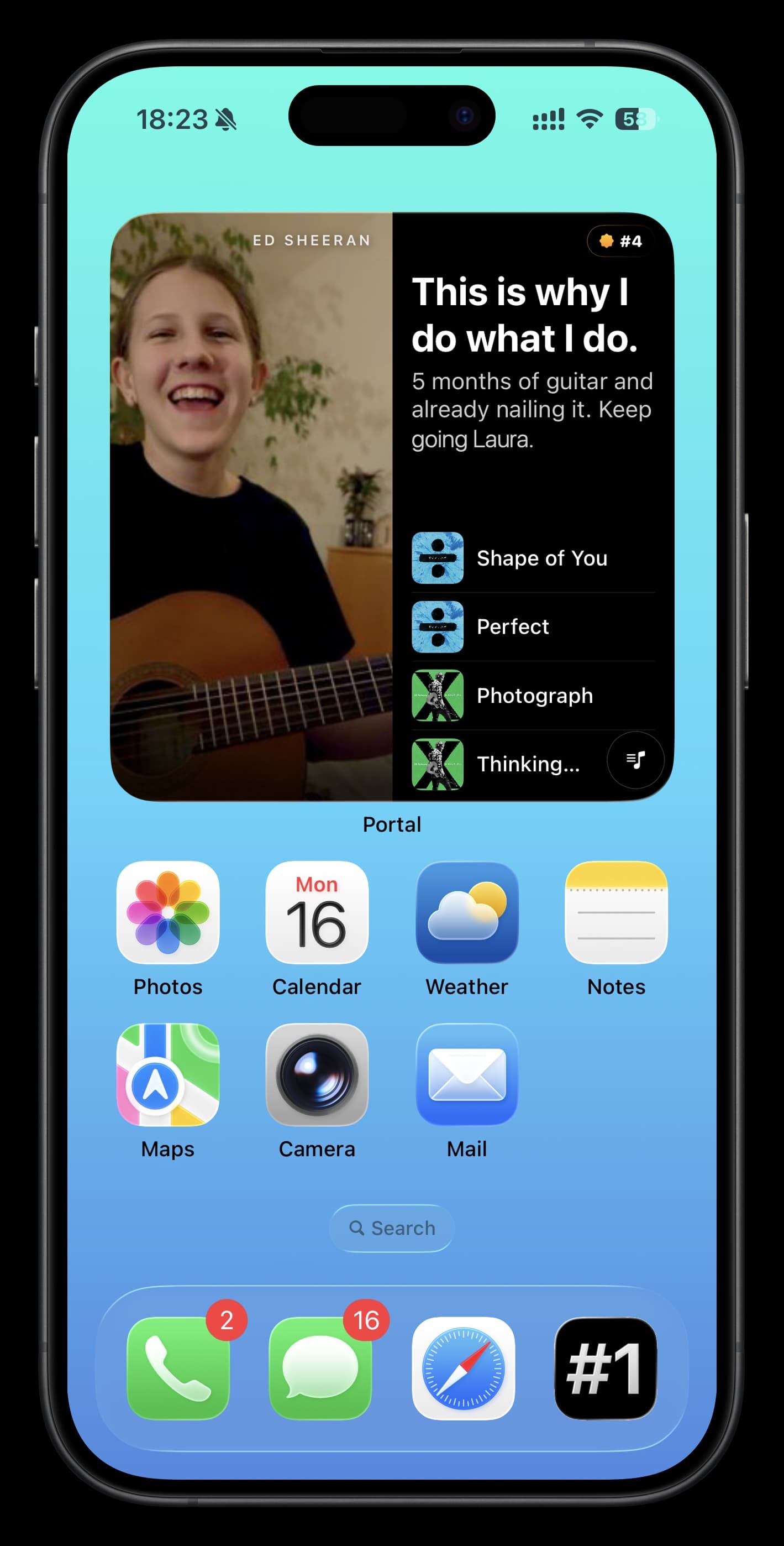 Portal widget on iPhone home screen — Ed Sheeran's portal showing bold message, fan badge #4, and music tracks